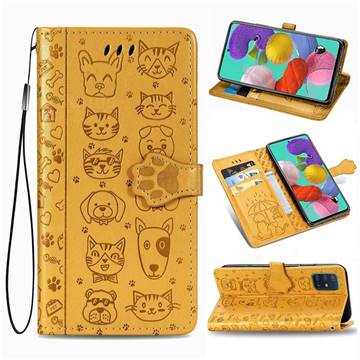 Embossing Dog Paw Kitten and Puppy Leather Wallet Case for Samsung Galaxy A51 5G - Yellow