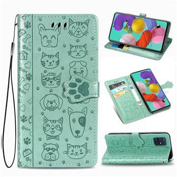 Embossing Dog Paw Kitten and Puppy Leather Wallet Case for Samsung Galaxy A51 5G - Green