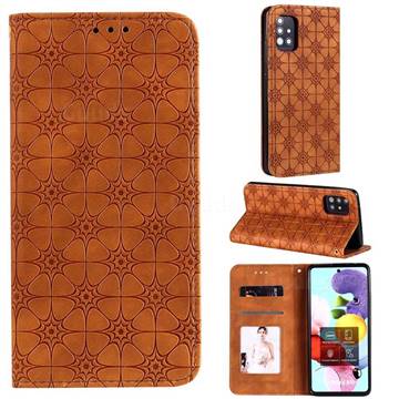 Intricate Embossing Four Leaf Clover Leather Wallet Case for Samsung Galaxy A51 5G - Yellowish Brown