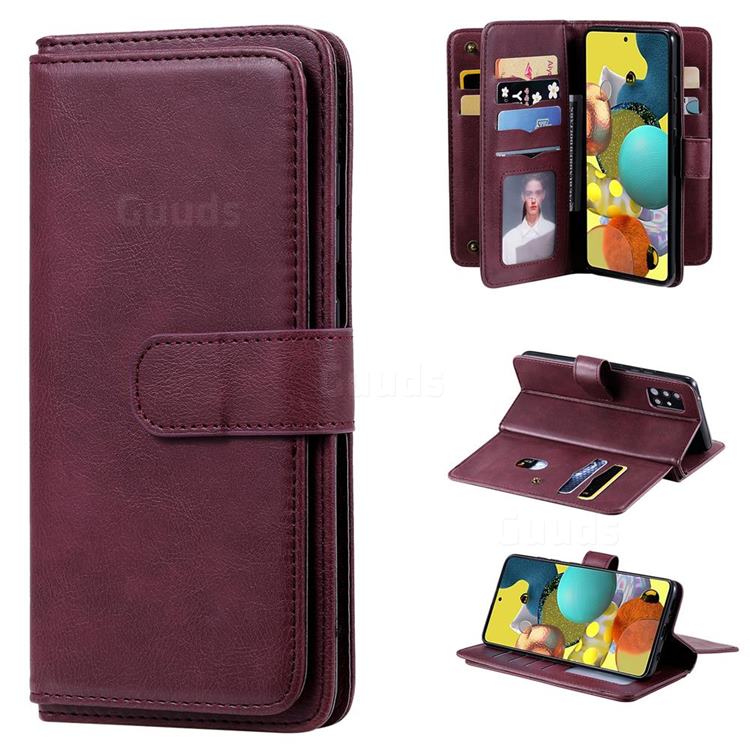 Multi-function Ten Card Slots and Photo Frame PU Leather Wallet Phone Case Cover for Samsung Galaxy A51 5G - Claret