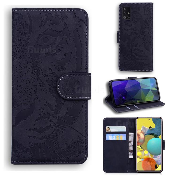 Intricate Embossing Tiger Face Leather Wallet Case for Samsung Galaxy A51 5G - Black