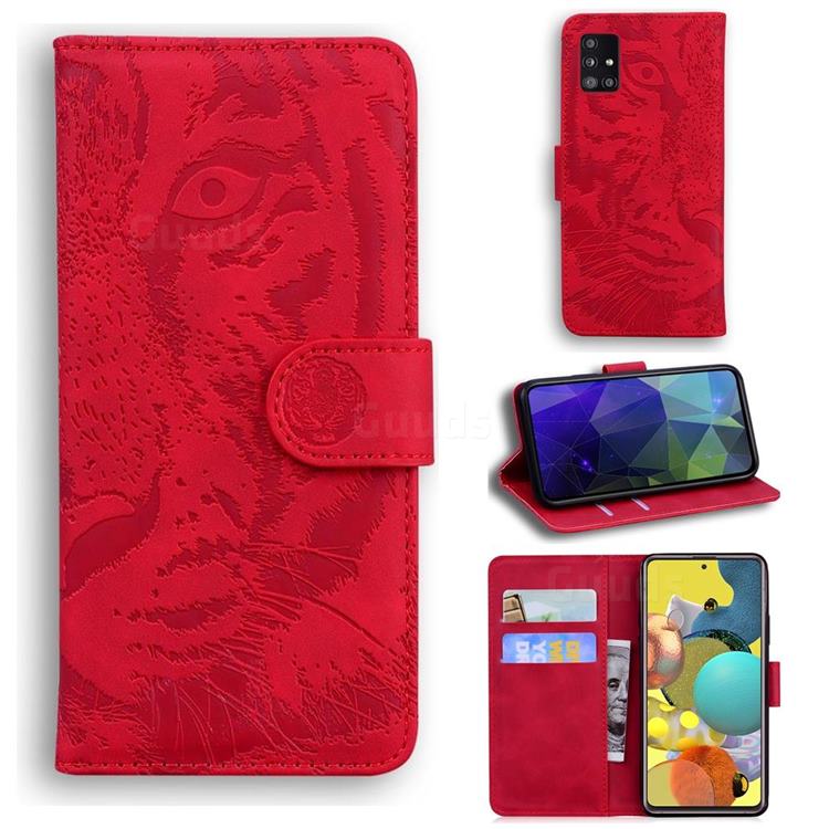 Intricate Embossing Tiger Face Leather Wallet Case for Samsung Galaxy A51 5G - Red