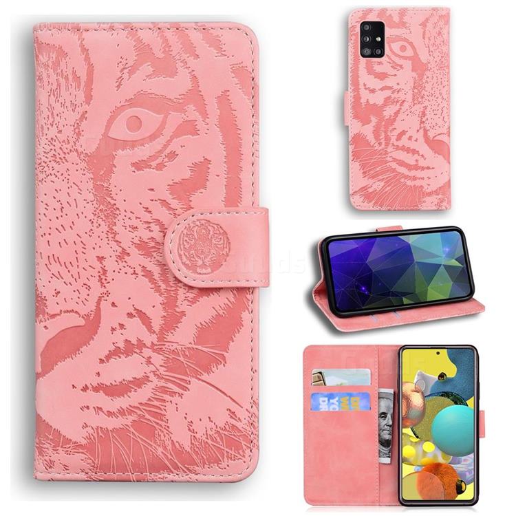Intricate Embossing Tiger Face Leather Wallet Case for Samsung Galaxy A51 5G - Pink