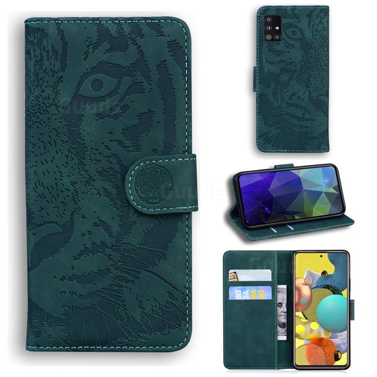 Intricate Embossing Tiger Face Leather Wallet Case for Samsung Galaxy A51 5G - Green