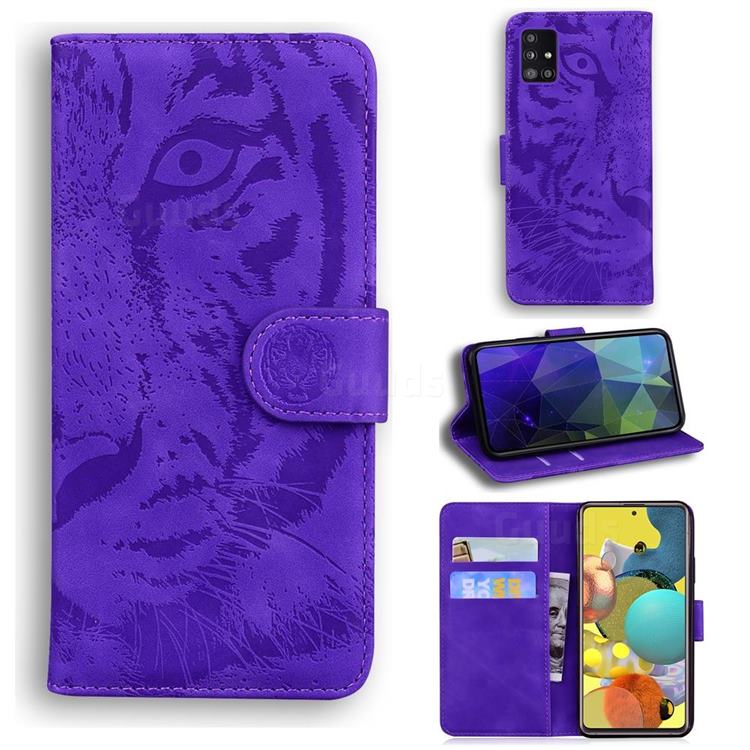 Intricate Embossing Tiger Face Leather Wallet Case for Samsung Galaxy A51 5G - Purple