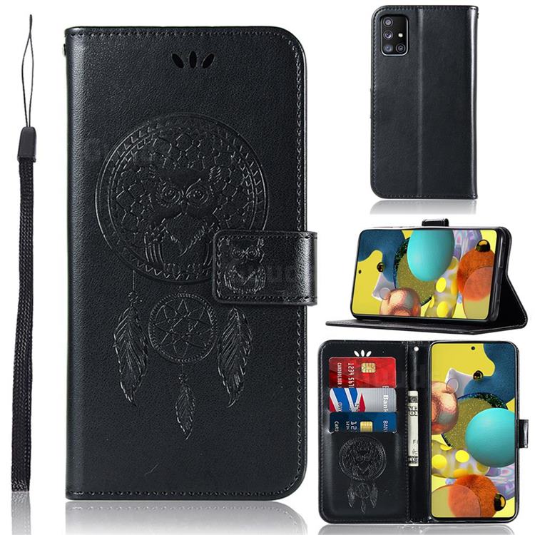 Intricate Embossing Owl Campanula Leather Wallet Case for Samsung Galaxy A51 5G - Black