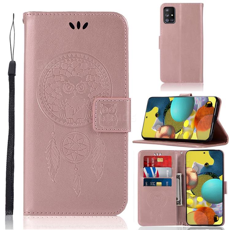 Intricate Embossing Owl Campanula Leather Wallet Case for Samsung Galaxy A51 5G - Rose Gold