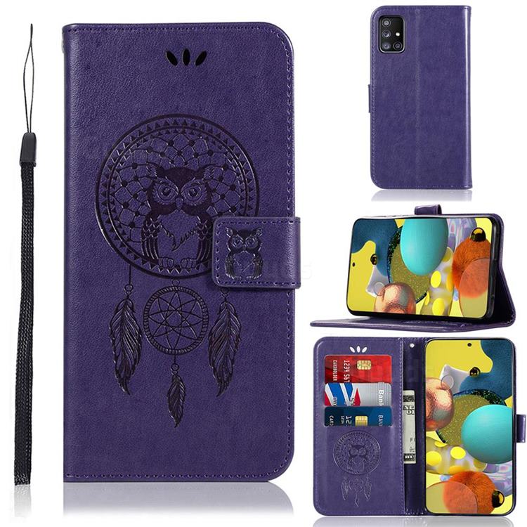 Intricate Embossing Owl Campanula Leather Wallet Case for Samsung Galaxy A51 5G - Purple