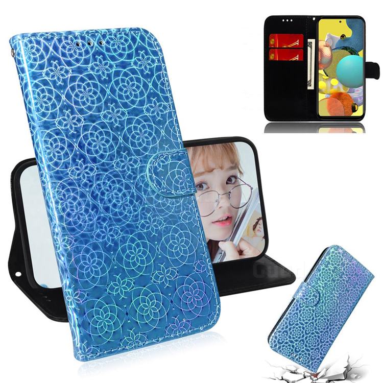 Laser Circle Shining Leather Wallet Phone Case for Samsung Galaxy A51 5G - Blue
