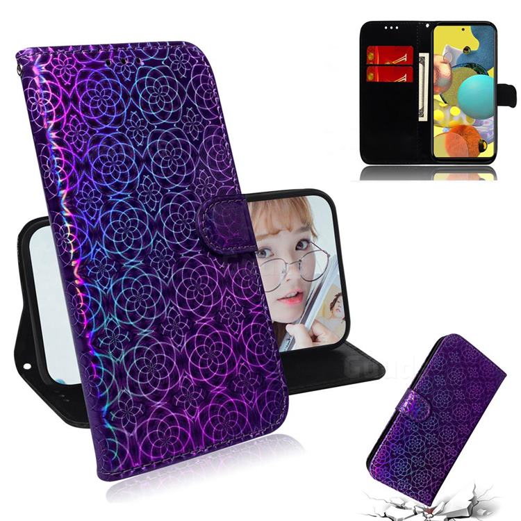 Laser Circle Shining Leather Wallet Phone Case for Samsung Galaxy A51 5G - Purple