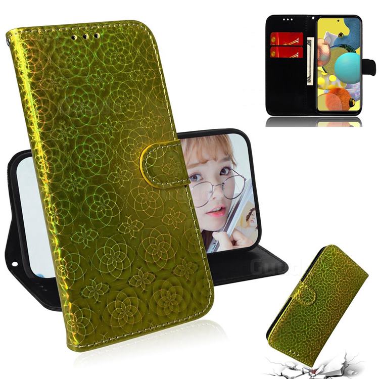Laser Circle Shining Leather Wallet Phone Case for Samsung Galaxy A51 5G - Golden