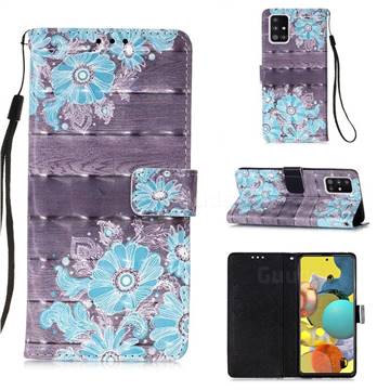 Blue Flower 3D Painted Leather Wallet Case for Samsung Galaxy A51 5G
