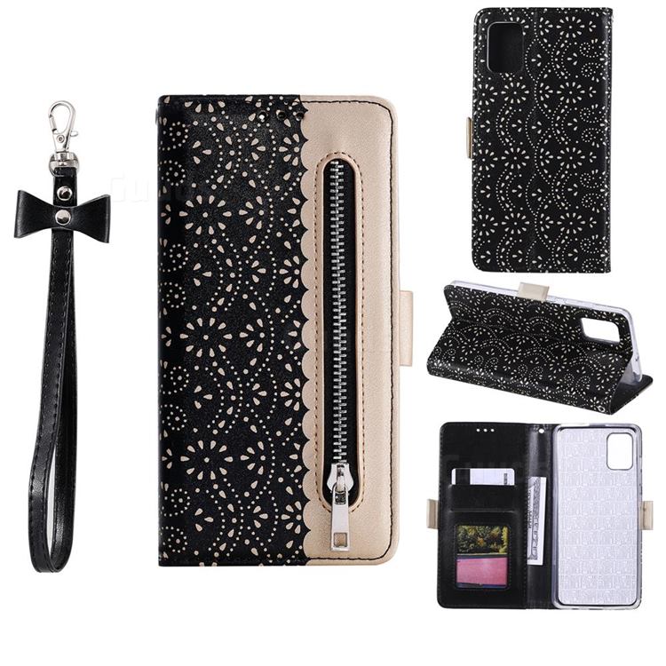 Luxury Lace Zipper Stitching Leather Phone Wallet Case for Samsung Galaxy A51 5G - Black