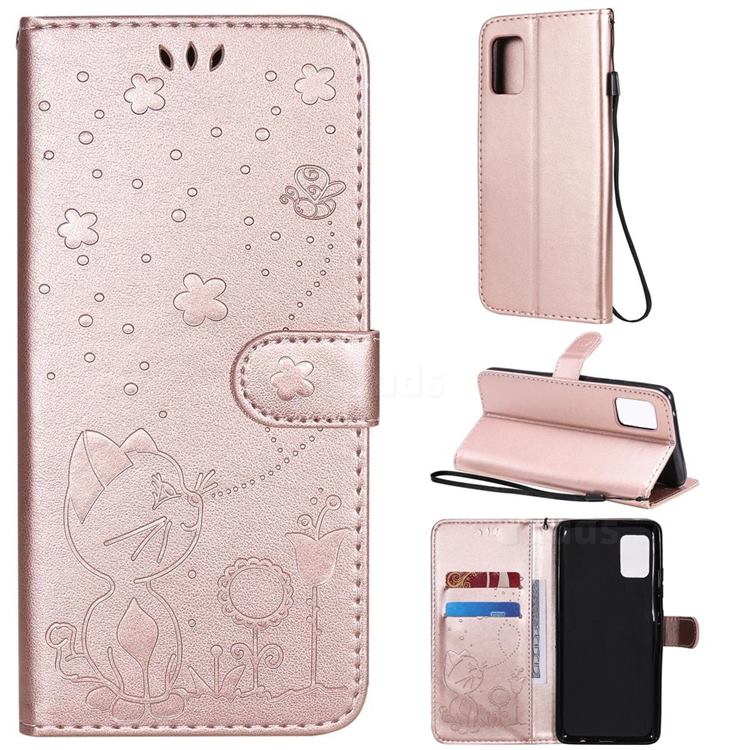 Embossing Bee and Cat Leather Wallet Case for Samsung Galaxy A51 5G - Rose Gold