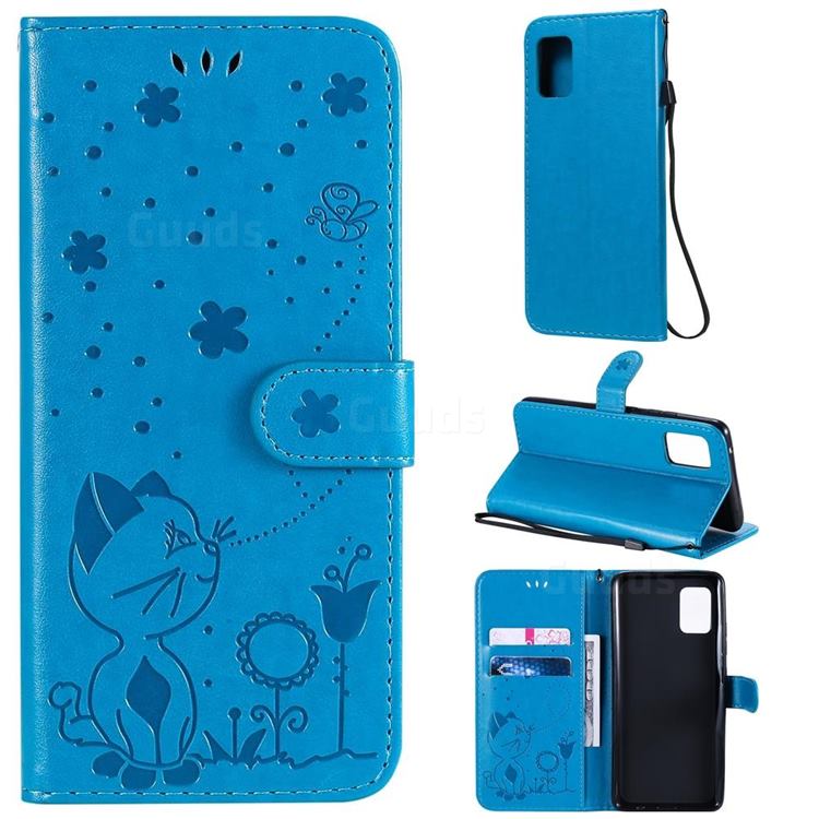 Embossing Bee and Cat Leather Wallet Case for Samsung Galaxy A51 5G - Blue