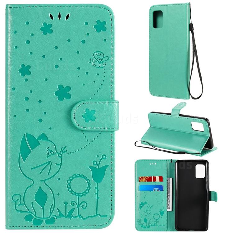 Embossing Bee and Cat Leather Wallet Case for Samsung Galaxy A51 5G - Green
