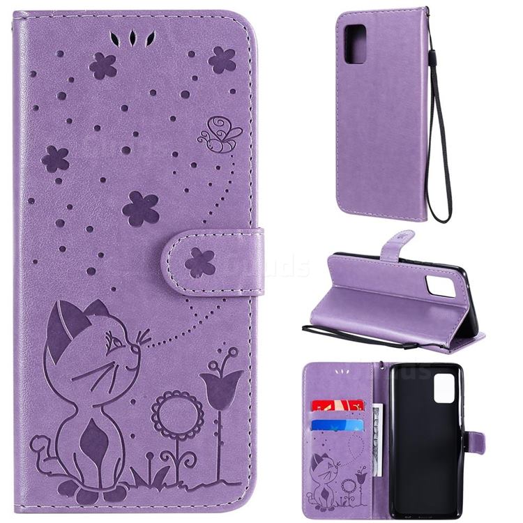 Embossing Bee and Cat Leather Wallet Case for Samsung Galaxy A51 5G - Purple
