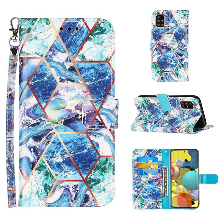 Green and Blue Stitching Color Marble Leather Wallet Case for Samsung Galaxy A51 5G