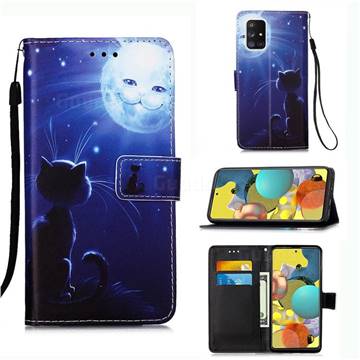 Cat and Moon Matte Leather Wallet Phone Case for Samsung Galaxy A51 5G