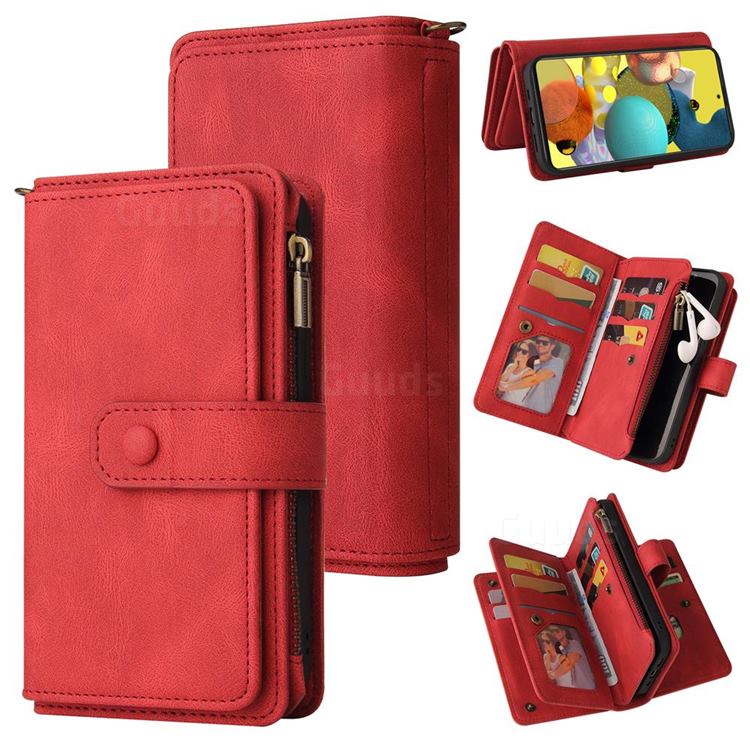 Luxury Multi-functional Zipper Wallet Leather Phone Case Cover for Samsung Galaxy A51 5G - Red