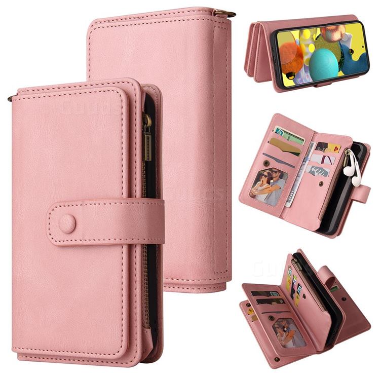 Luxury Multi-functional Zipper Wallet Leather Phone Case Cover for Samsung Galaxy A51 5G - Pink