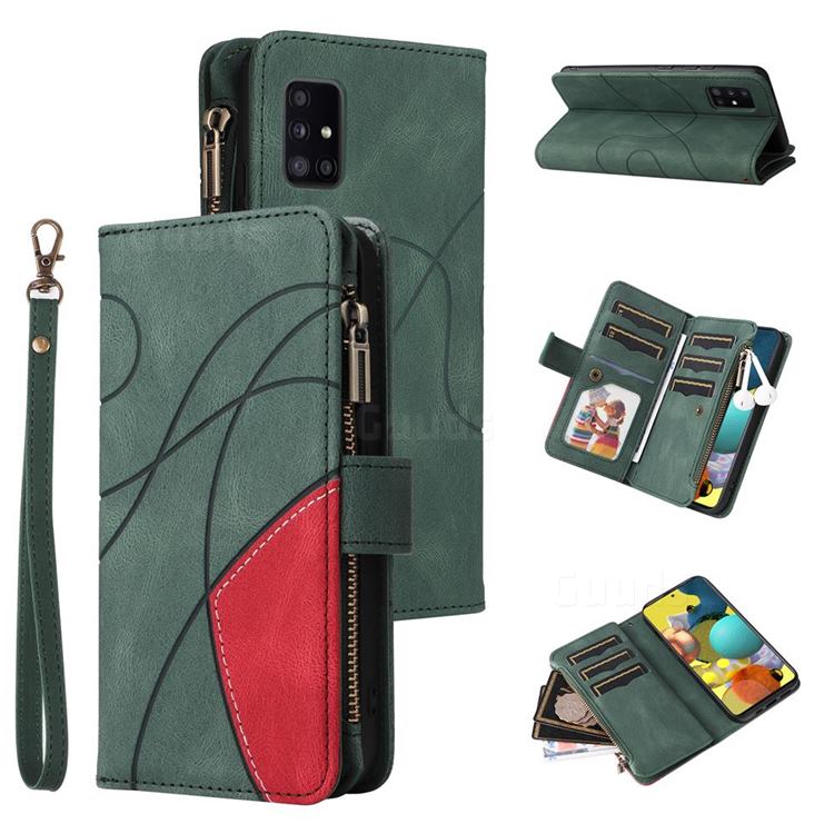 Luxury Two-color Stitching Multi-function Zipper Leather Wallet Case Cover for Samsung Galaxy A51 5G - Green