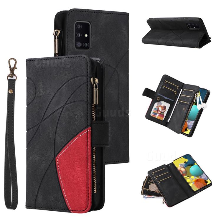 Luxury Two-color Stitching Multi-function Zipper Leather Wallet Case Cover for Samsung Galaxy A51 5G - Black