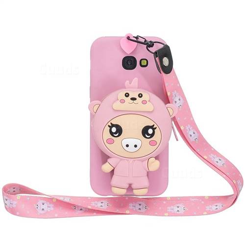 Pink Pig Neck Lanyard Zipper Wallet Silicone Case for Samsung Galaxy A5 2017 A520