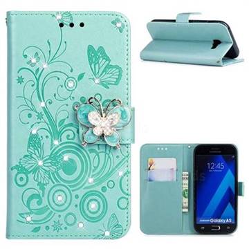 Embossing Butterfly Circle Rhinestone Leather Wallet Case for Samsung Galaxy A5 2017 A520 - Cyan