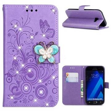 Embossing Butterfly Circle Rhinestone Leather Wallet Case for Samsung Galaxy A5 2017 A520 - Purple