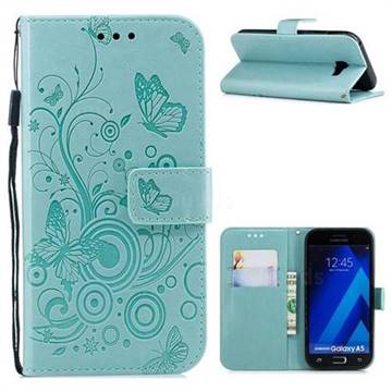 Intricate Embossing Butterfly Circle Leather Wallet Case for Samsung Galaxy A5 2017 A520 - Cyan