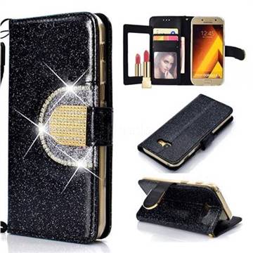 Glitter Diamond Buckle Splice Mirror Leather Wallet Phone Case for Samsung Galaxy A5 2017 A520 - Black