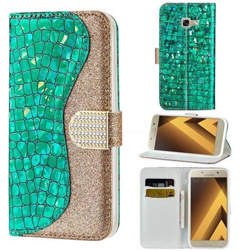 Glitter Diamond Buckle Laser Stitching Leather Wallet Phone Case for Samsung Galaxy A5 2017 A520 - Green