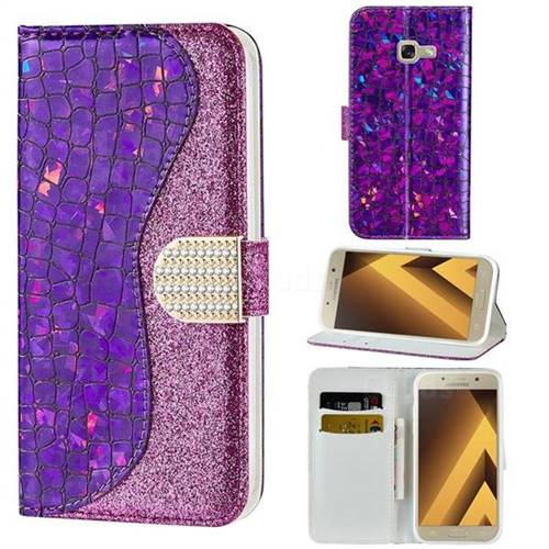 Glitter Diamond Buckle Laser Stitching Leather Wallet Phone Case for Samsung Galaxy A5 2017 A520 - Purple