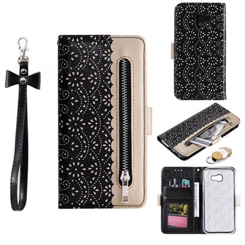 Luxury Lace Zipper Stitching Leather Phone Wallet Case for Samsung Galaxy A5 2017 A520 - Black