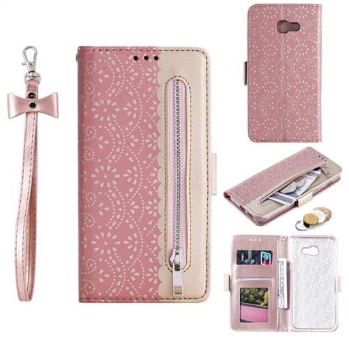 Luxury Lace Zipper Stitching Leather Phone Wallet Case for Samsung Galaxy A5 2017 A520 - Pink