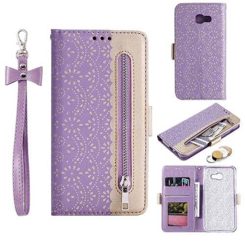 Luxury Lace Zipper Stitching Leather Phone Wallet Case for Samsung Galaxy A5 2017 A520 - Purple