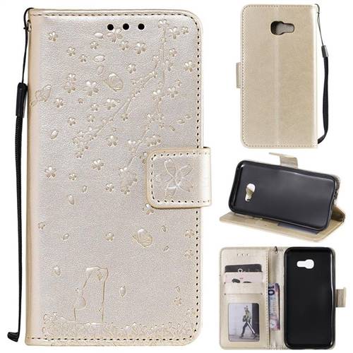 Embossing Cherry Blossom Cat Leather Wallet Case for Samsung Galaxy A5 2017 A520 - Golden