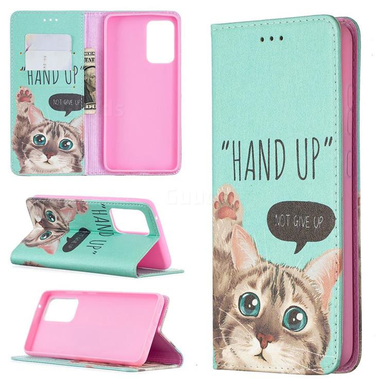 Hand Up Cat Slim Magnetic Attraction Wallet Flip Cover for Samsung Galaxy A52 5G