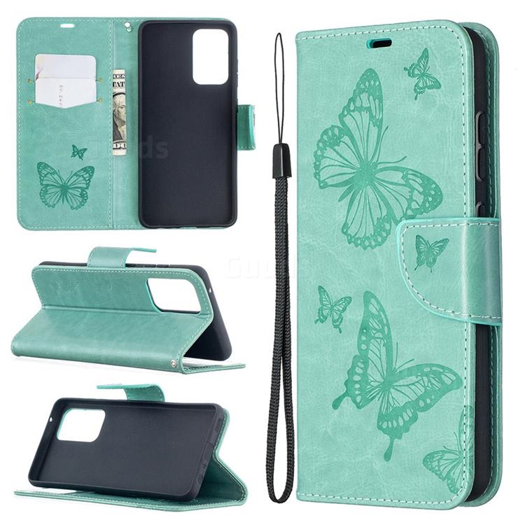 Embossing Double Butterfly Leather Wallet Case for Samsung Galaxy A52 5G - Green
