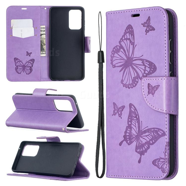 Embossing Double Butterfly Leather Wallet Case for Samsung Galaxy A52 5G - Purple