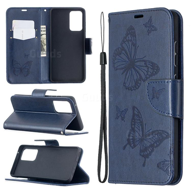 Embossing Double Butterfly Leather Wallet Case for Samsung Galaxy A52 5G - Dark Blue