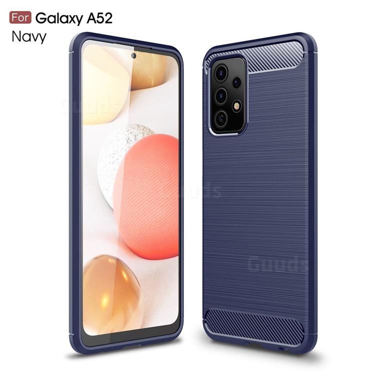 Luxury Carbon Fiber Brushed Wire Drawing Silicone TPU Back Cover for Samsung Galaxy A52 5G - Navy