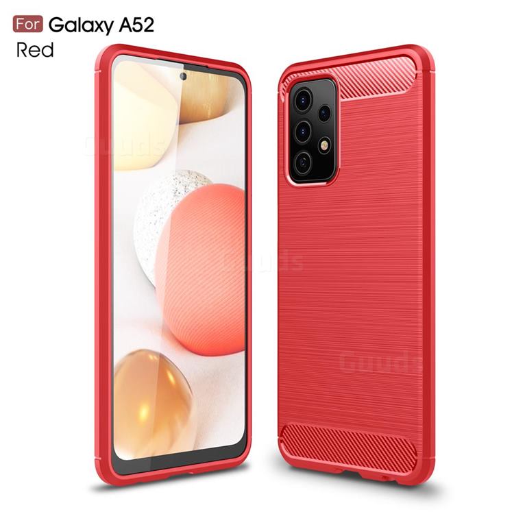 Luxury Carbon Fiber Brushed Wire Drawing Silicone TPU Back Cover for Samsung Galaxy A52 5G - Red