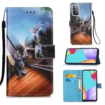 Mirror Cat Matte Leather Wallet Phone Case for Samsung Galaxy A52 5G