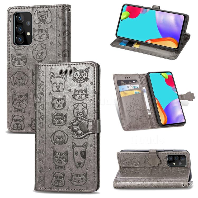 Embossing Dog Paw Kitten and Puppy Leather Wallet Case for Samsung Galaxy A52 5G - Gray