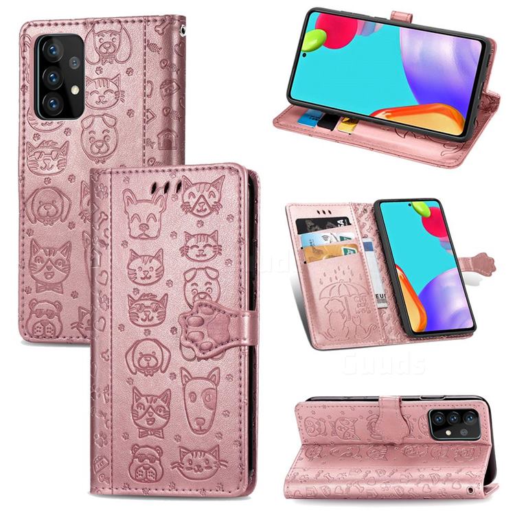 Embossing Dog Paw Kitten and Puppy Leather Wallet Case for Samsung Galaxy A52 5G - Rose Gold