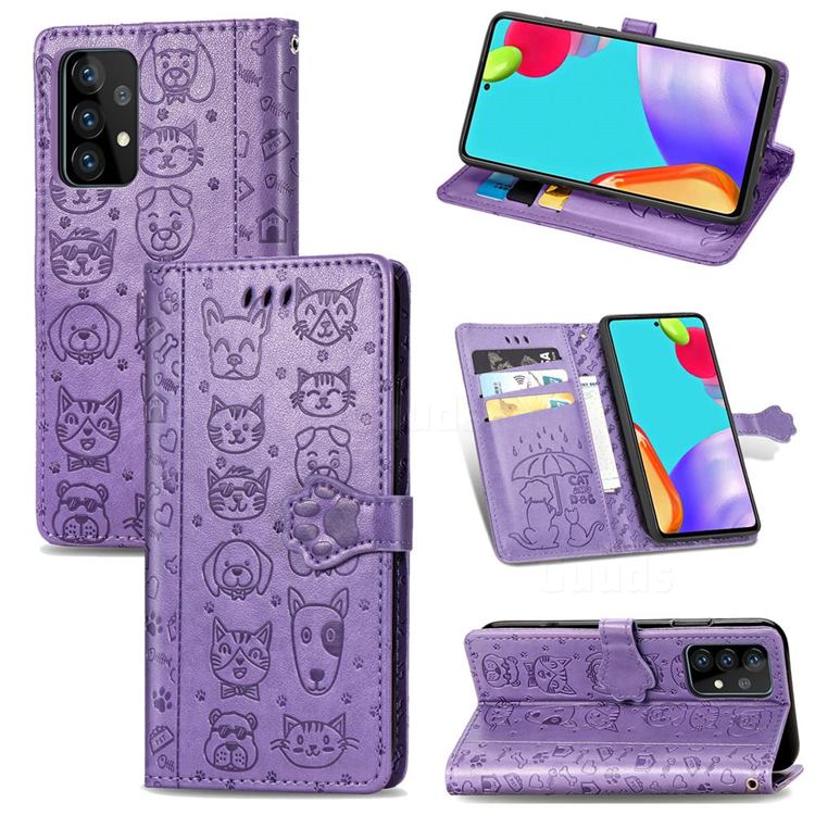 Embossing Dog Paw Kitten and Puppy Leather Wallet Case for Samsung Galaxy A52 5G - Purple