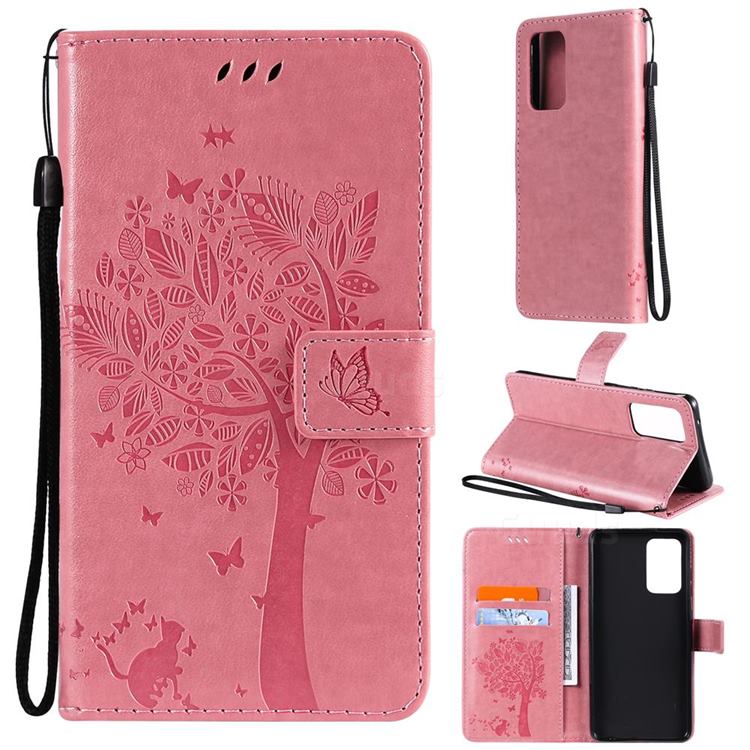 Embossing Butterfly Tree Leather Wallet Case for Samsung Galaxy A52 (4G, 5G) - Pink