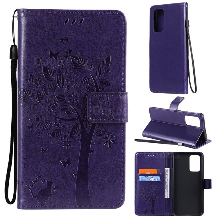Embossing Butterfly Tree Leather Wallet Case for Samsung Galaxy A52 (4G, 5G) - Purple
